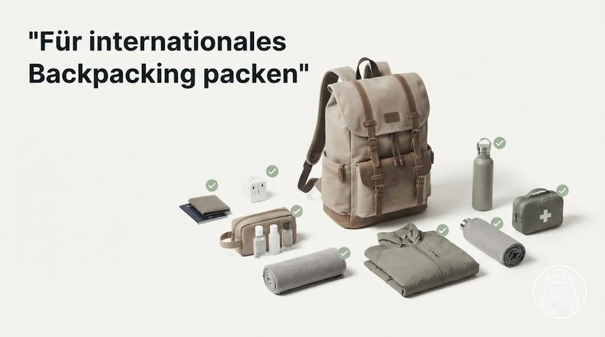 Gepackter Rucksack und grundlegende Ausrüstung für internationales Backpacking