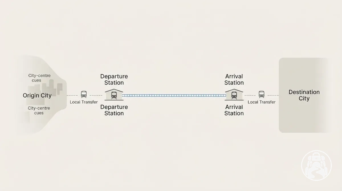 Diagramm zum Vergleich von Städtezielen mit ihren tatsächlichen Abfahrts- und Ankunftsbahnhöfen oder -terminals