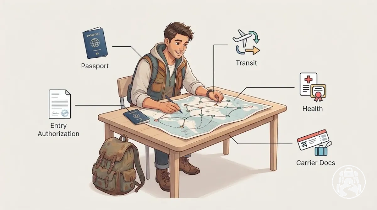 Internationaler Reisender bei der Prüfung von Pass-, Einreise-, Transit-, Gesundheits- und Beförderungsdokumentenanforderungen