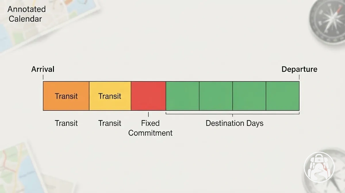 Annotierter Reisekalender mit Ankunft, Abreise, Reisetagen, einer festen Verpflichtung und verbleibenden nutzbaren Reisezieltagen