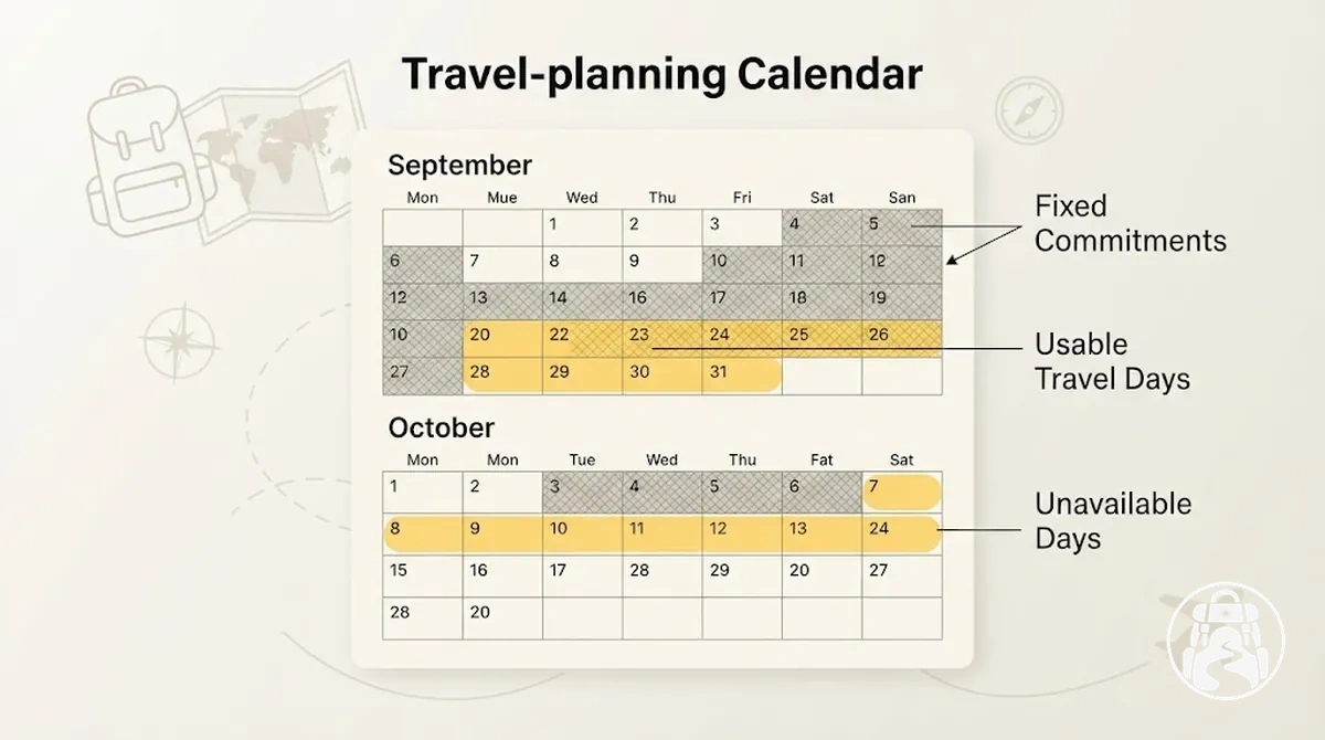 Kalender mit nutzbaren Reisetagen, festen Verpflichtungen und nicht verfügbaren Daten für eine erste internationale Backpacking-Reise