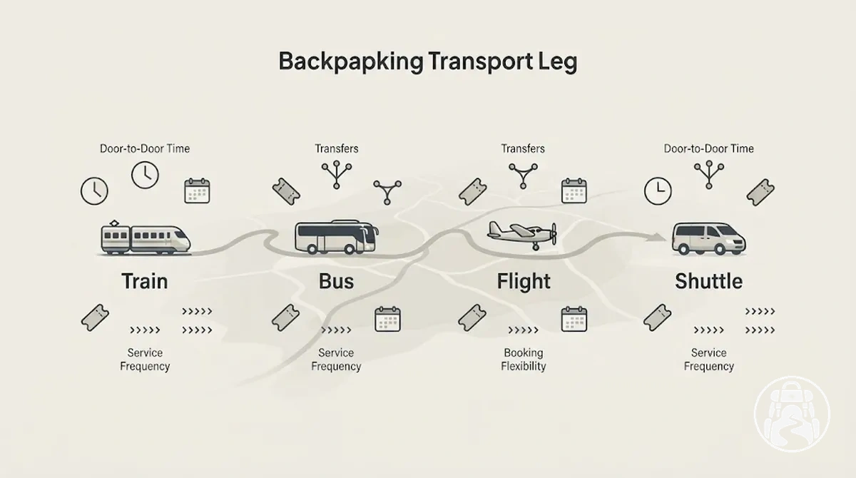 Vergleichsgrafik von Zug-, Bus-, Flug- und Shuttle-Optionen für einen Backpacking-Transportabschnitt
