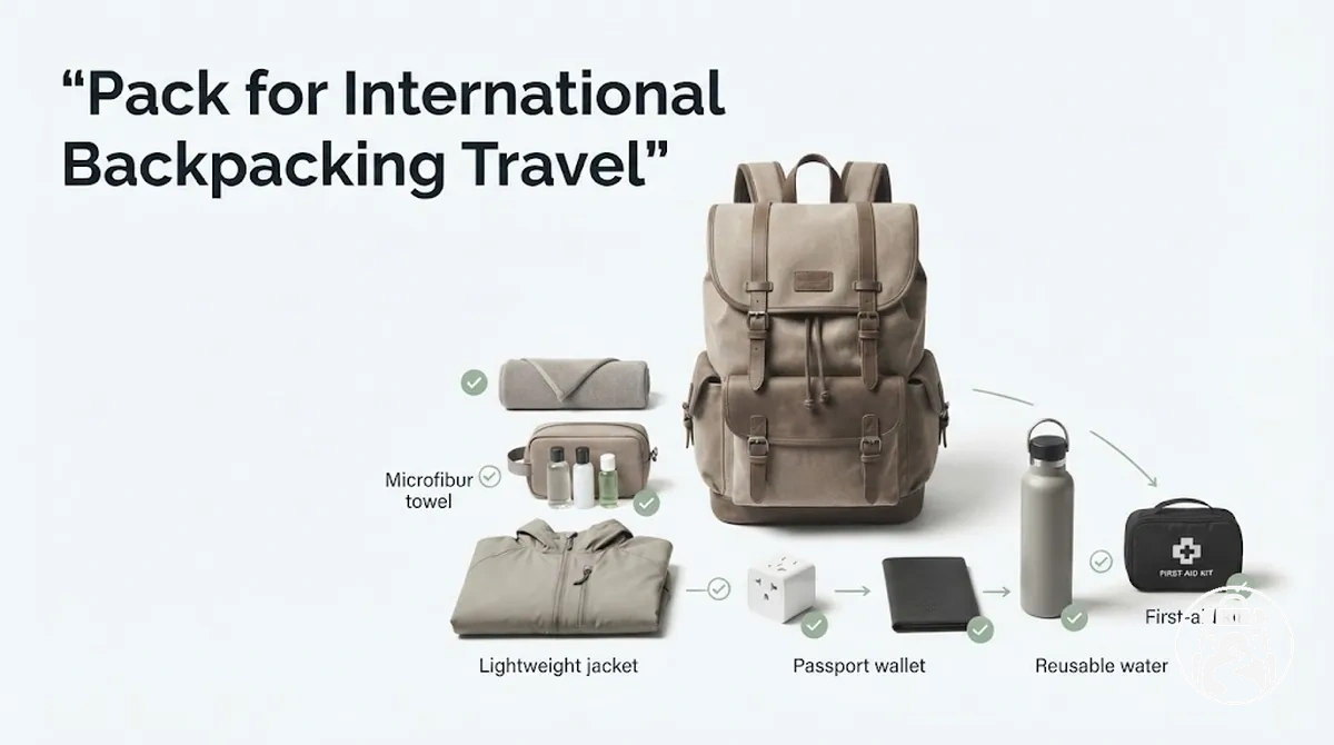 Packed backpack and travel essentials for international backpacking