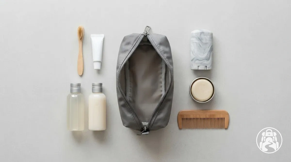 Compact toiletries and personal-care items organised in a small pouch for international backpacking