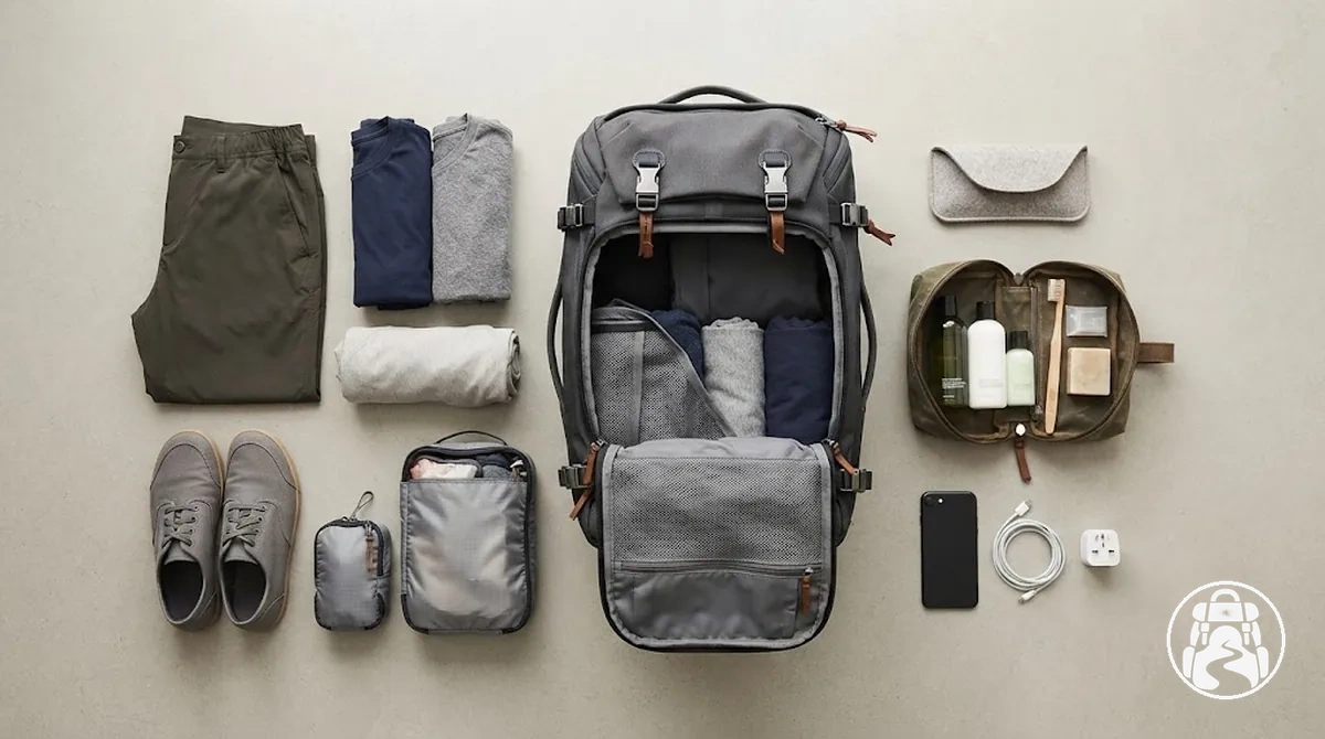 International backpacking setup with clothing, toiletries, charging items and packing organisers