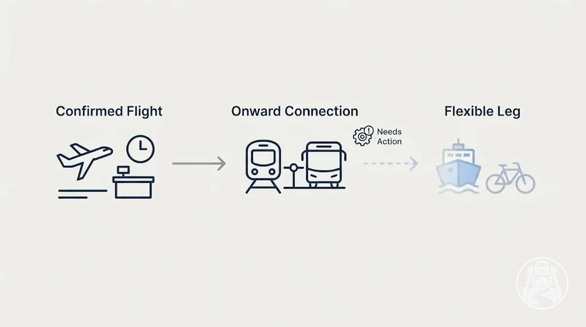 Fixed departure and onward transport details separated from intentionally flexible travel legs