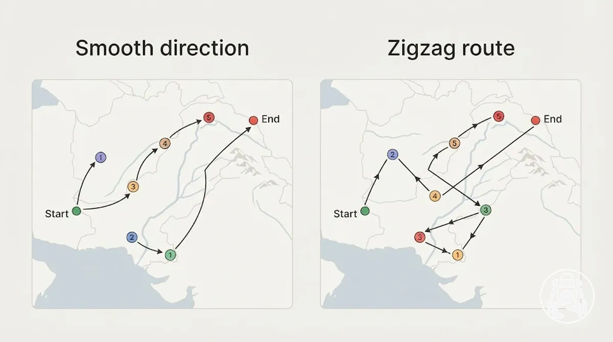 Same destination clusters shown in a smooth travel direction and a zigzagging route order