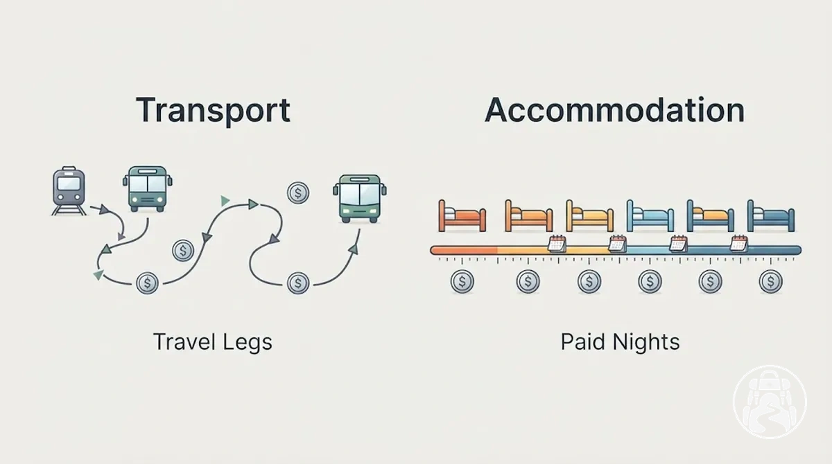 Transport travel legs and accommodation paid nights as separate backpacking budget cost bases.