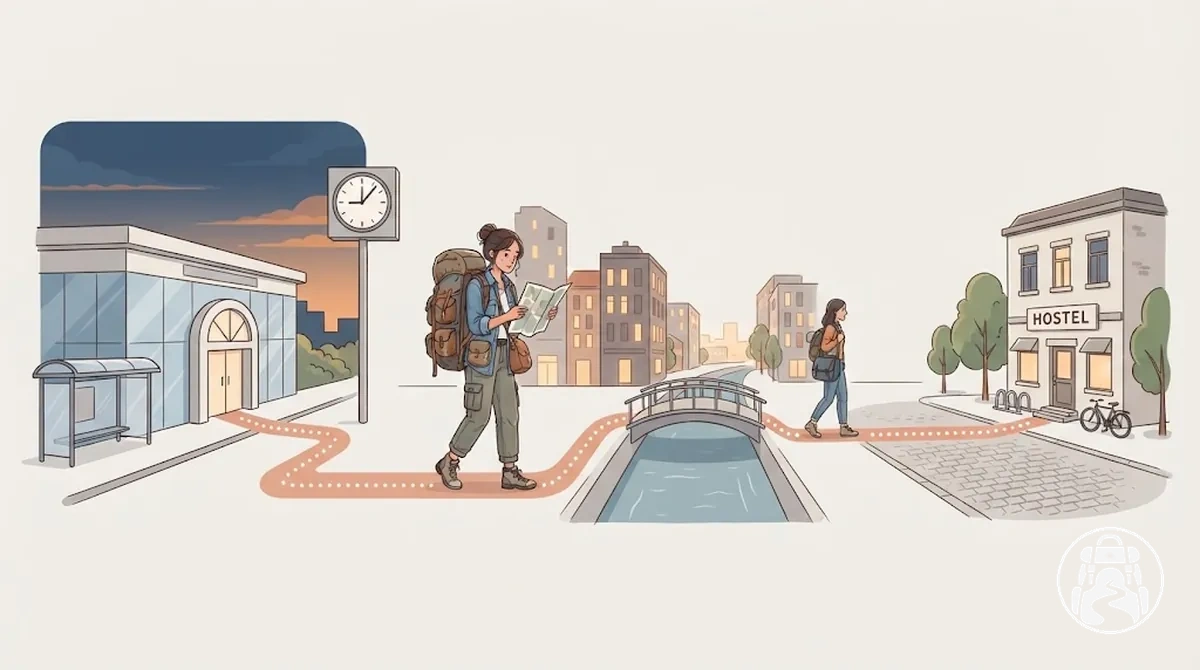 Backpacker checking the practical route from a transport station to a hostel with luggage