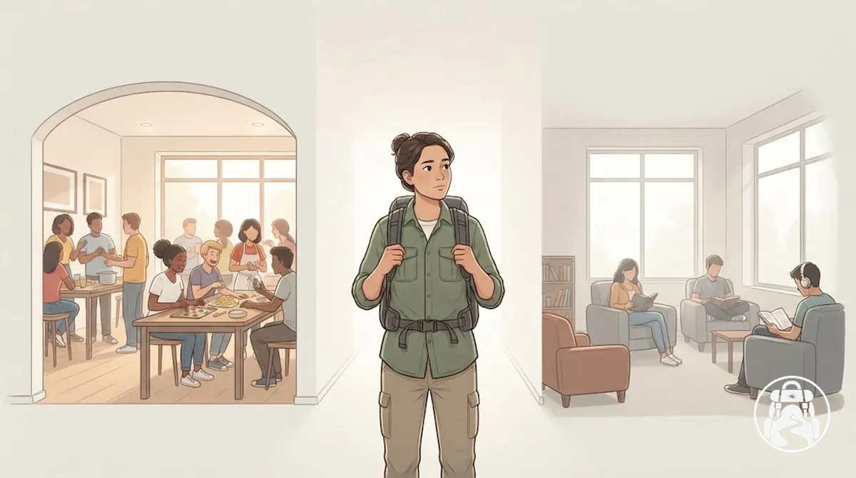 Backpacker evaluating social and rest-oriented hostel atmosphere cues