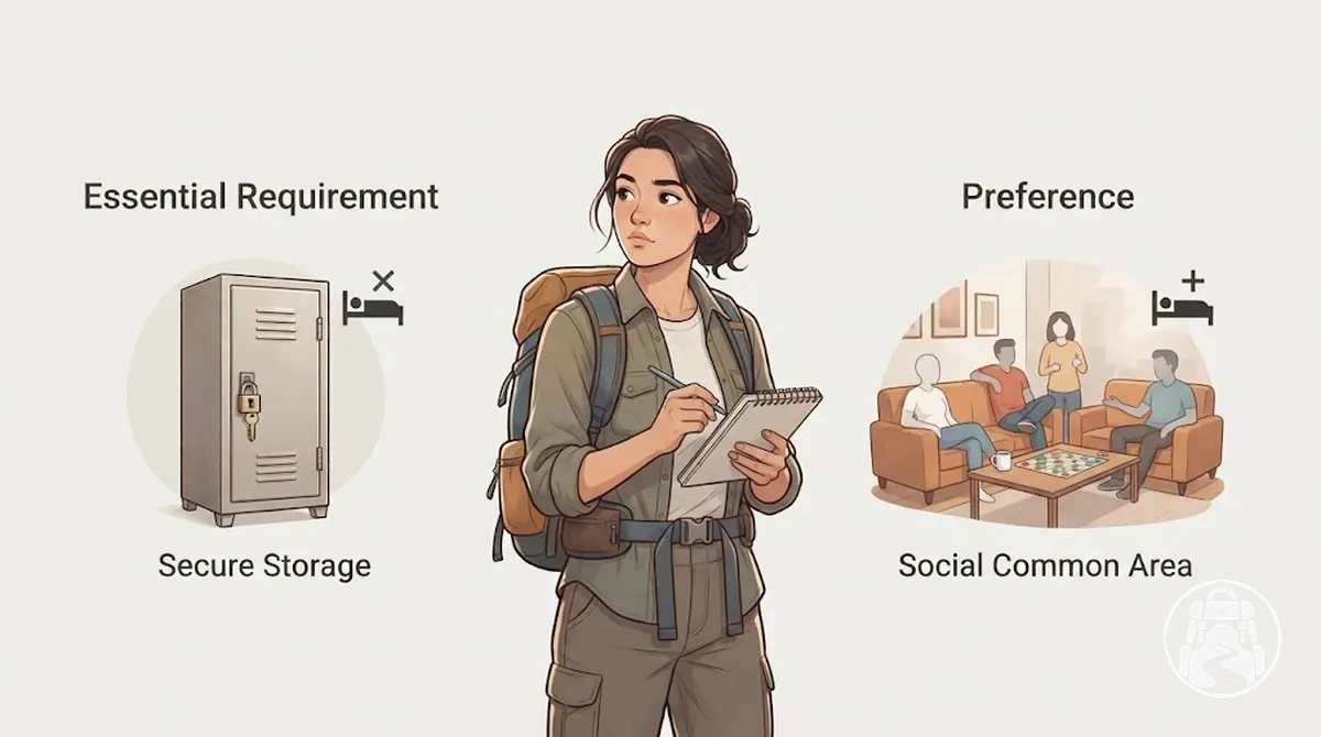 Backpacker separating essential hostel requirements from optional accommodation preferences