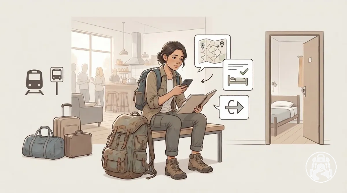 Backpacker reviewing accommodation priorities for a travel stop