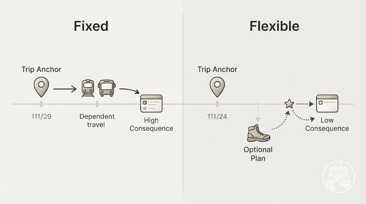 Elementos del itinerario de mochilero divididos en compromisos fijos y planes flexibles