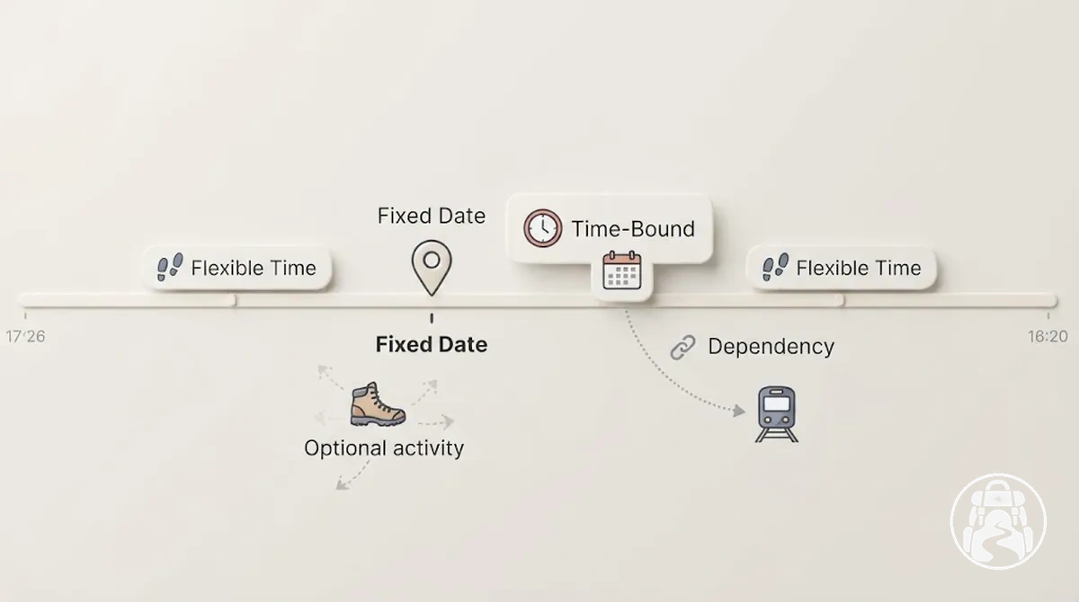 Itinerario de mochilero que muestra una fecha fija innegociable rodeada de planes flexibles