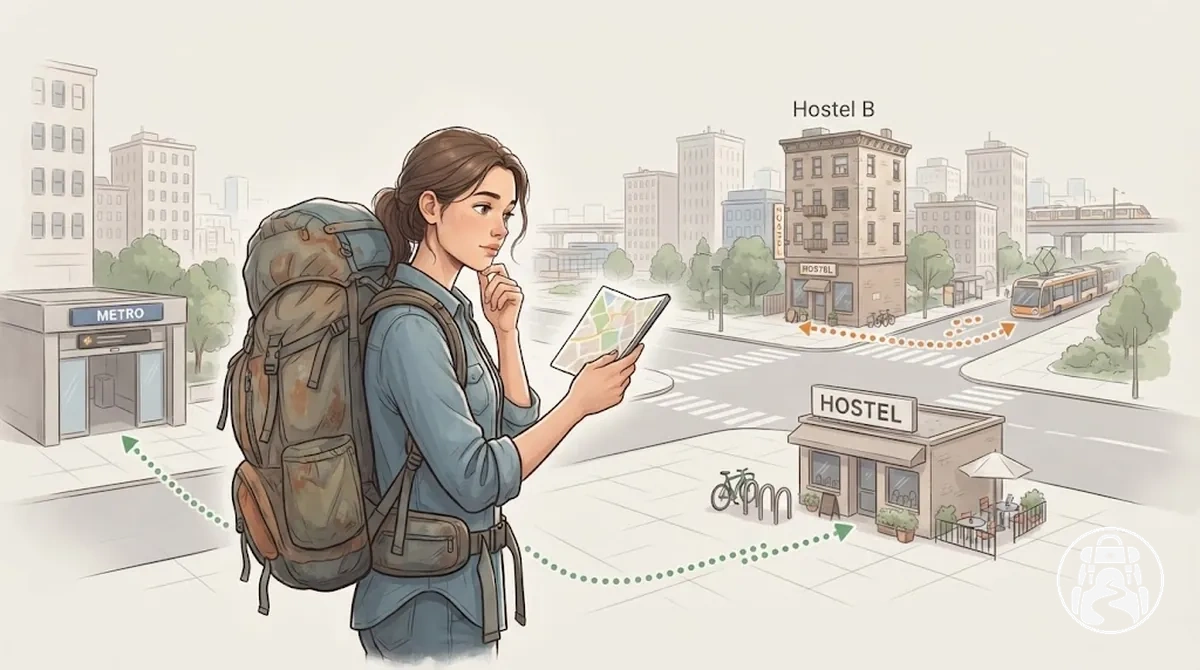 Voyageur évaluant l'emplacement d'une auberge selon les transports et la marche avec un sac à dos