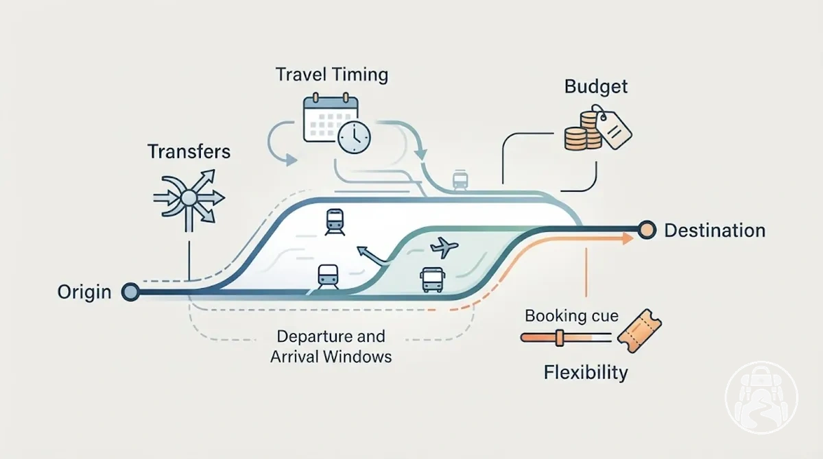 Diagramme de planification d’un tronçon de transport montrant le point de départ, la destination, le horaires, les correspondances et les exigences de flexibilité