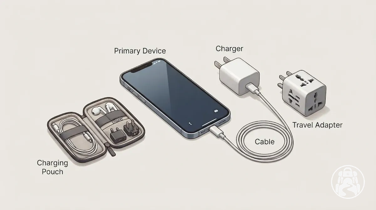 Configuration électronique compacte pour voyage en sac à dos avec appareil principal, chargeur, câble, adaptateur de voyage et pochette organisée