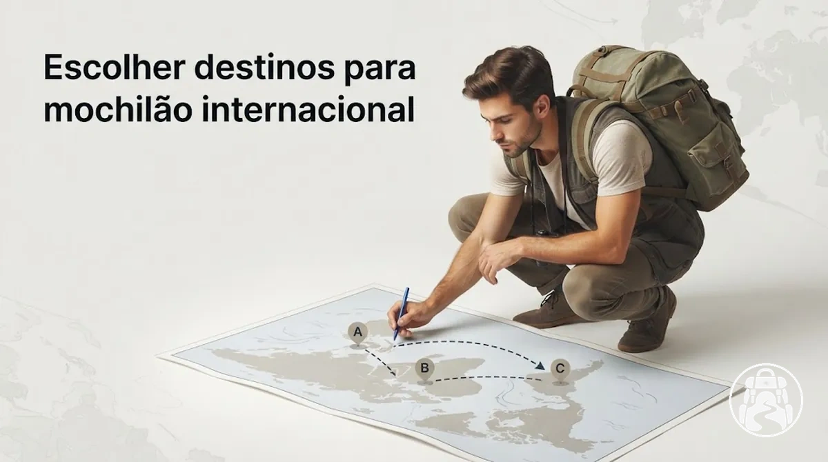 Viajante escolhendo destinos para um mochilão internacional
