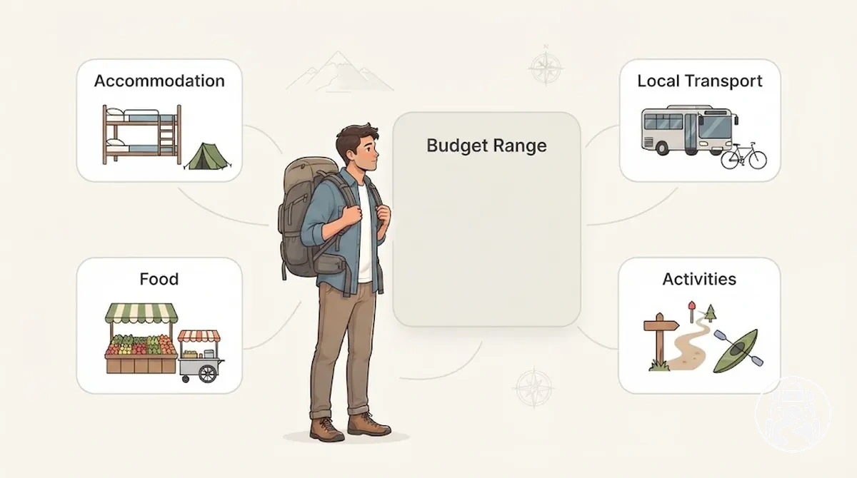 Viabilidade financeira de destinos para mochilão ilustrada pelos custos de acomodação, transporte, alimentação e atividades.