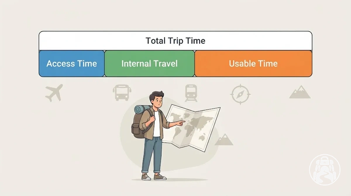 Tempo de um mochilão dividido entre acesso ao destino, deslocamentos internos e tempo útil de permanência.