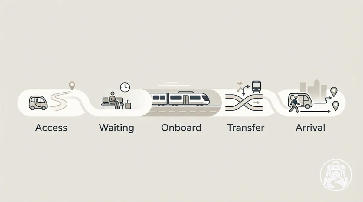 Linha do tempo do trajeto de porta a porta mostrando as etapas de acesso, espera, viagem, baldeação e chegada