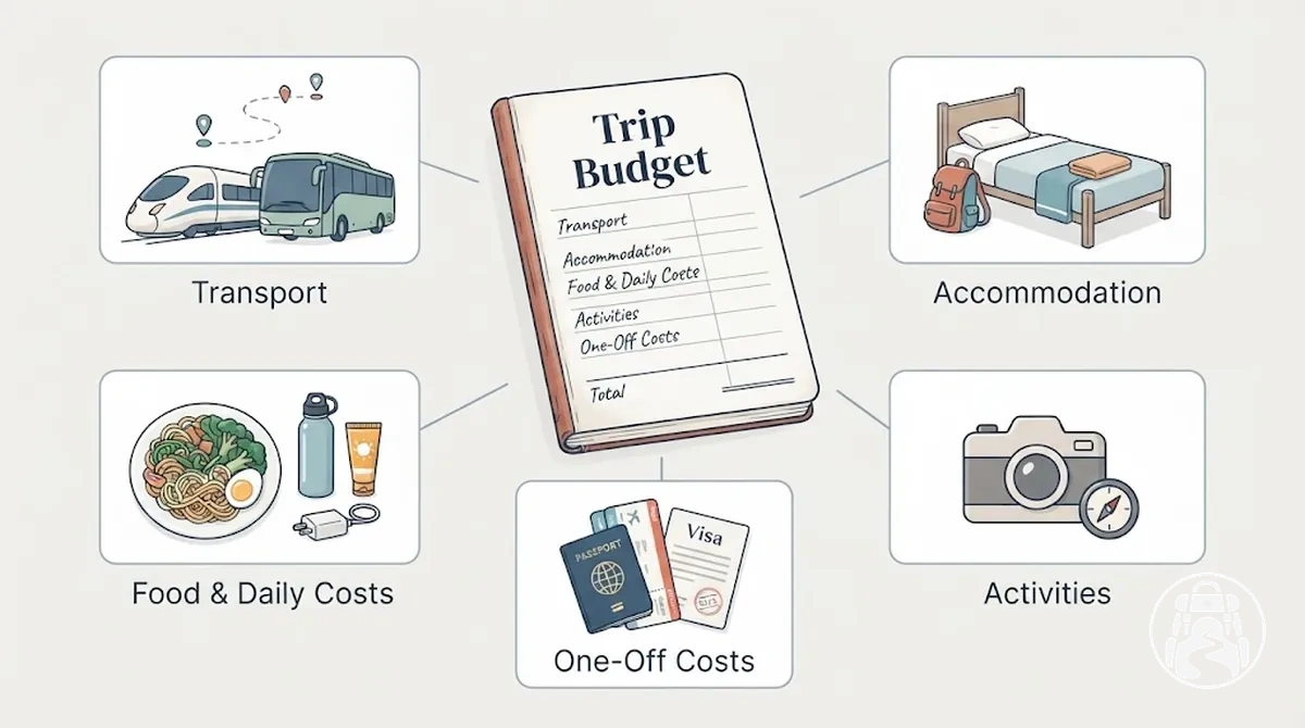 Principais categorias de custo de um orçamento de mochilão, incluindo transporte, hospedagem, alimentação, atividades e custos pontuais.