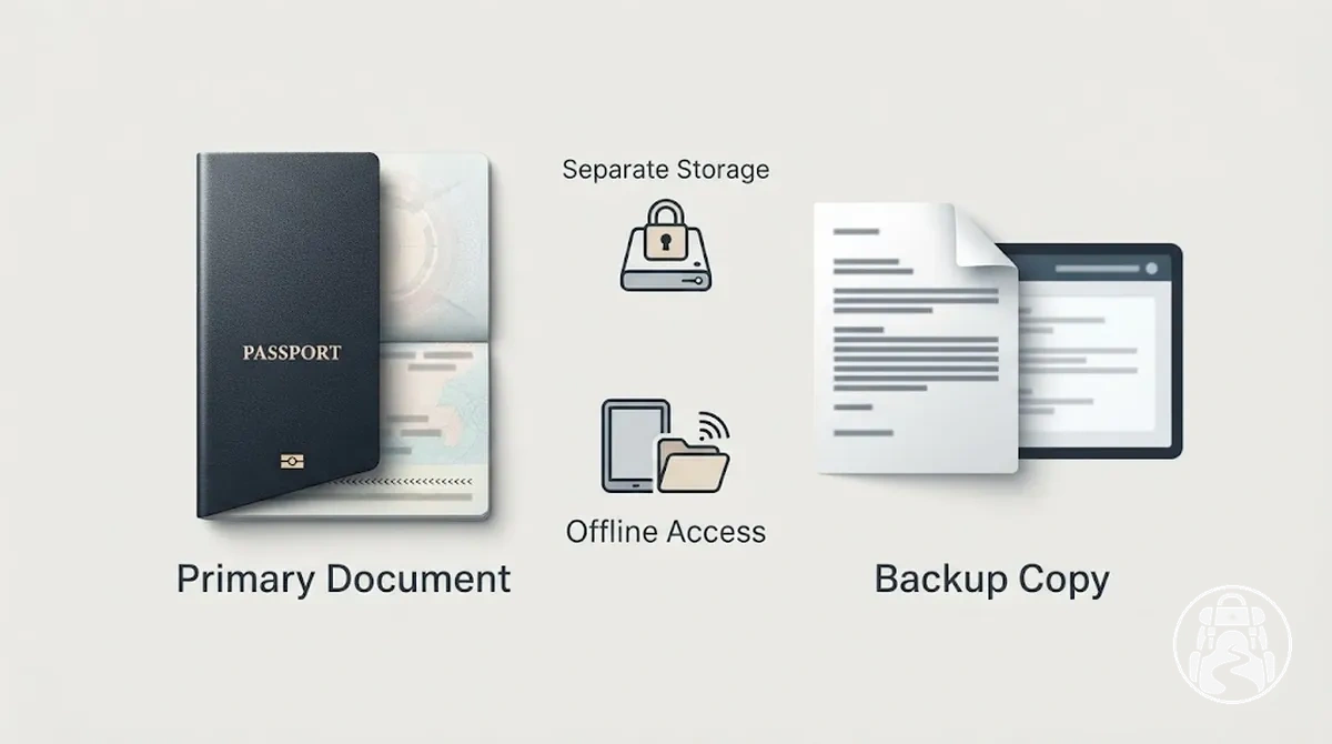 Documento de viagem original com uma cópia de segurança separada e acesso offline seguro