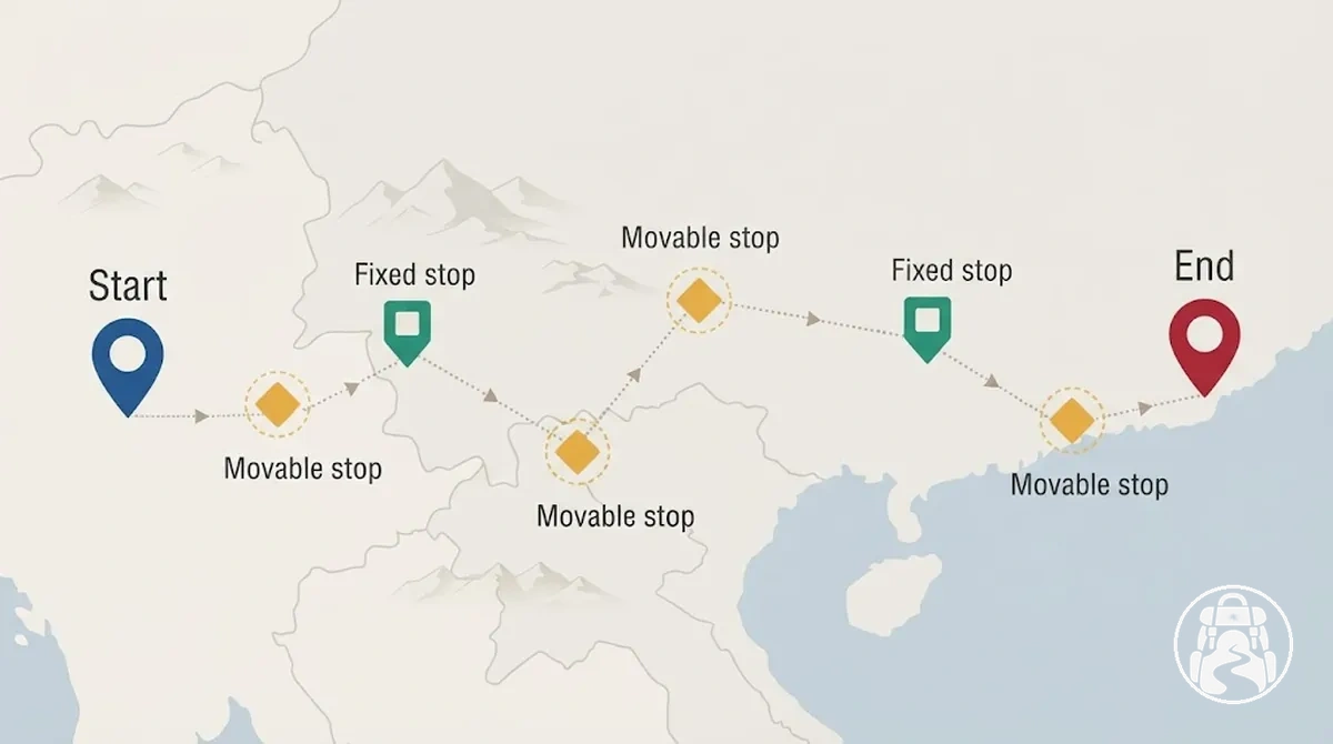 Mapa de rota de mochilão mostrando o ponto de partida, o ponto final, as paradas fixas e os destinos móveis